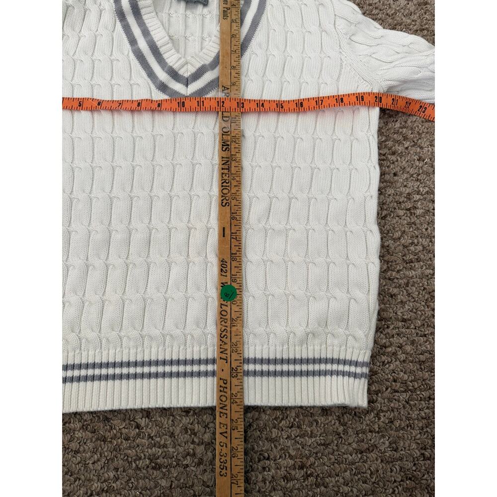 Preppy Cable Knit Gray Accents Old Money V-Neck Sweater 100% Cotton Folklore - Picture 7 of 8